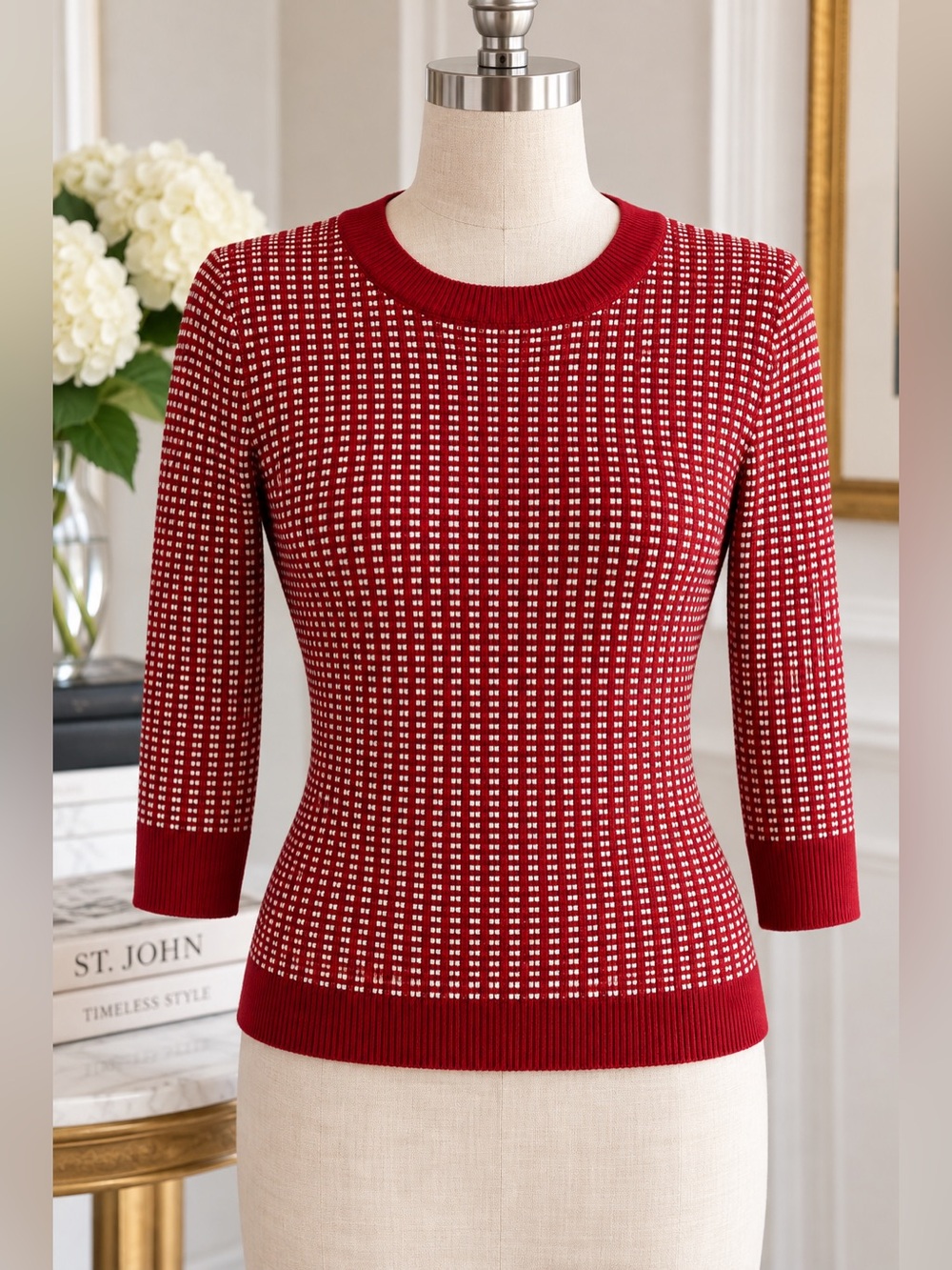 St. John Red White Textured Wool Blend Knit Sweater Size Small